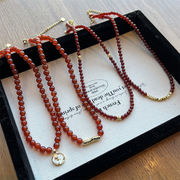 新年天然石红玛瑙项链女中式国风锁骨链时尚串珠简约高级感毛衣链