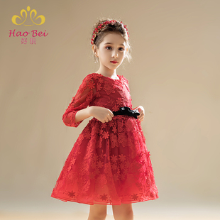 女童蕾丝公主裙蓬蓬裙生日儿童红色，小礼服气质洋气秋季日常走秀款