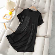 大码女装夏装韩版圆领条纹拼接连衣裙，设计感不规则黑色短袖长裙