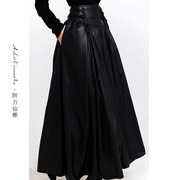 阿力仙娜高级感黑色皮裙半身裙女春季中长款高腰大摆A字系带伞裙