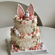 网红粉色系兔耳朵兔宝宝周岁生日蛋糕装饰摆件插件小草莓硅胶模具