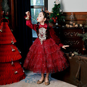 黑沐马高定女童礼服，儿童钢琴演奏主持人红色，公主裙新年晚礼服
