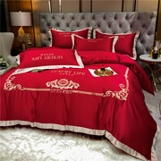 结婚床上用品四件套大红色婚庆，床品喜庆欧式红色新婚被套床单