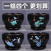 花盆陶瓷带托盘一组四个现代中式透气桌面大号个性花盆