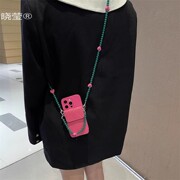 ins辣妹玫红皮质钱包斜挎挂绳适用iPhone13手机壳苹果14promax背带XR女款11腕带12pro全包14plus保护套XSMAX