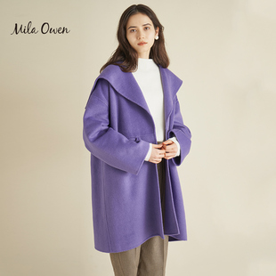 milaowen秋冬季款休闲时尚大翻领毛呢，外套含羊毛气质通勤大衣女