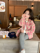 儿童洋气粉色格子衬衫2023秋季女童韩版长袖衬衣宝宝秋装上衣