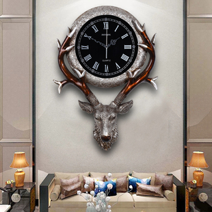 欧式钟表客厅创意复古鹿头，挂钟玄关轻奢家用北欧美式静音时钟挂墙