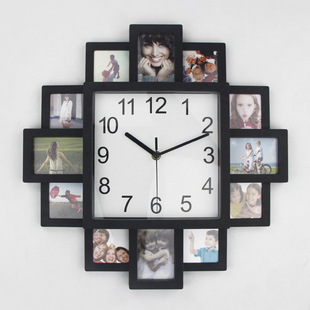 黑色塑料相框钟创意挂钟时尚照片钟表客厅简约时钟挂墙家用挂表大