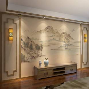 中式山水电视背景墙纸墙布，2021客厅沙发卧室，影视壁纸定制壁画