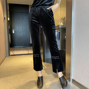 黑色裤子女2023年韩版高腰显瘦复古盘扣，开叉金丝绒微喇裤女裤
