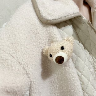 韩版卡通立体两色小熊头米色毛绒熊熊玩偶可爱胸针包包衣服配饰品