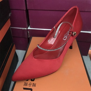 品牌女鞋断码丝绸高跟鞋，夏季工作鞋尖头时尚，红色婚鞋浅口单鞋