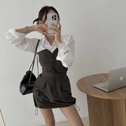 韩国东大门时尚高级气质裹胸女套装抹胸背心+抽绳短裙 两件套