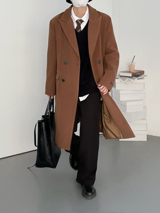 SF/冬季新韩版时髦复古风双排扣呢大衣男士宽松过膝长款风衣外套