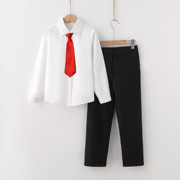 儿童白色长袖衬衫男女童红领带套装小学生校服运动会黑色西裤班服