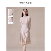 vgrass法式重工蕾丝粉色，连衣裙春季质感精致收腰中长款礼服裙