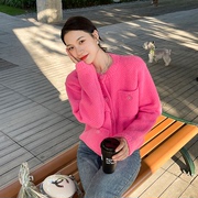 zhuyiyi洋气粉红色小香风羊毛毛衣，女装春秋外穿毛衣短款开衫外套