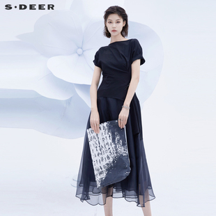 sdeer圣迪奥两件套连衣裙夏季复古网纱小众设计通勤长裙S20281242
