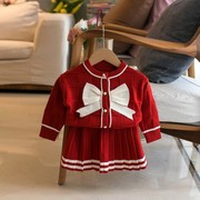 女童针织套装2023秋冬装女宝宝洋气红色裙子儿童开衫毛衣裙两件套