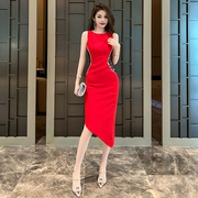 包臀显高显瘦重工绝美通勤连衣裙收腰红色气质设计感不规则中长裙