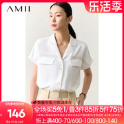 amii2024夏西装(夏西装)领连袖拼网布宽松雪纺衫女上衣高级感小众小衫