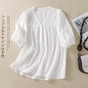 夏季文艺蕾丝花边v领全棉，衬衫女士百搭休闲白色衬衣气质短袖上衣