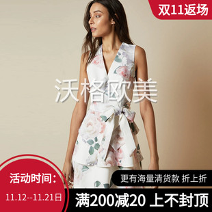 沃格英国TB牌春夏清新柔美粉绿花朵印花系带层叠荷叶边连衣裙