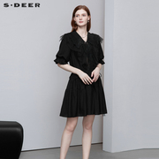 sdeer圣迪奥女装，v领蕾丝收腰黑色长裙泡泡，袖显瘦连衣裙s222z12g1