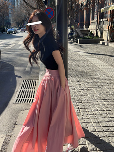 韩国chic温柔甜美气质粉色小众，设计高腰大摆裙长裙，+半高领短袖t恤