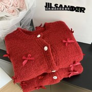 高级感超好看的蝴蝶结毛衣女春秋小众设计感别致红色针织开衫