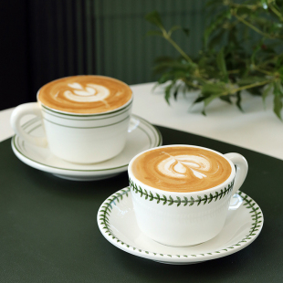 美式陶瓷杯 绿色描边咖啡杯带碟马克杯 小资下午茶杯子 家用水杯