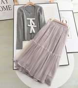 鸟+の一套入!时尚，假两件蝴蝶结毛衣+粉色，网纱半身裙两件套装