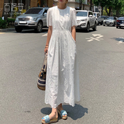 百洛安蕾丝镂空刺绣连衣裙女夏季法式泡泡袖高腰白色a字长裙