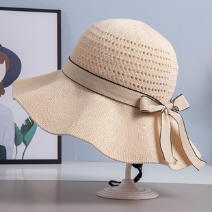米色夏天棉麻镂空遮阳帽，春季旅游防晒凉帽子女士洋气可折叠渔夫帽