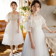 女童白色连衣裙夏季2024洋气，礼服网纱短袖裙子儿童蕾丝公主裙