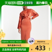 香港直邮潮奢asos女士设计缎面，蝙蝠袖裹式束腰铁锈色长款连衣裙