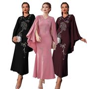 跨境中东迪拜女装亚马逊绣花连衣裙v领蝙蝠袖修身宴会礼服女