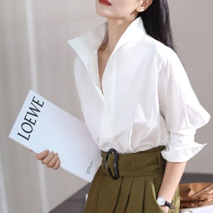 2023春秋韩版蝙蝠七分袖衬衫女宽松立领白衬衫时髦有范上衣女