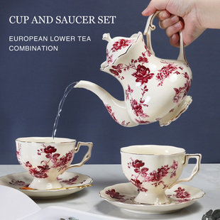 欧式玫瑰图案陶瓷咖啡，杯碟套装带勺英式下午茶大茶杯水杯水壶田园