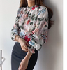 复古花色衬衫韩国2023春季女装，褶边半高领，宽松雪纺长袖上衣