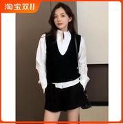 韩版2023年秋季法式气质立领长袖衬衫休闲无袖针织背心马甲套装女