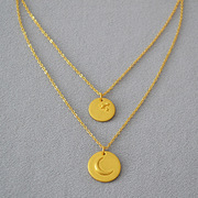 欧美风格小众设计复古文艺星星月亮金币款式双层叠戴项链和毛衣链