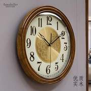 实木新中式挂钟客厅高档时钟欧式时尚，圆形创意家用简约挂墙石英钟