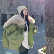 毛领棉服2021冬季宽松韩版绿色连帽中长款加厚保暖棉袄外套女