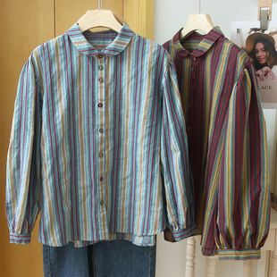 日系彼得潘娃娃(潘娃娃)领衬衫，灯笼袖棉麻，衬衣女长袖彩色条纹复古宽松大码