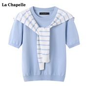 拉夏贝尔/La Chapelle夏条纹披肩针织衫短袖T恤两件套套装女上衣