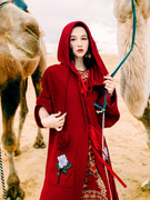 茶卡盐湖西藏红色旅拍斗篷外套，2023春秋连帽宽松中长款针织开衫女