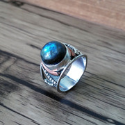 印度尼泊尔925纯银指环天然蓝光拉长石手工复古食指中指戒指