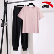 安踏短袖套装女粉色速干气质跑步长裤运动服，洋气百搭外穿两件套女